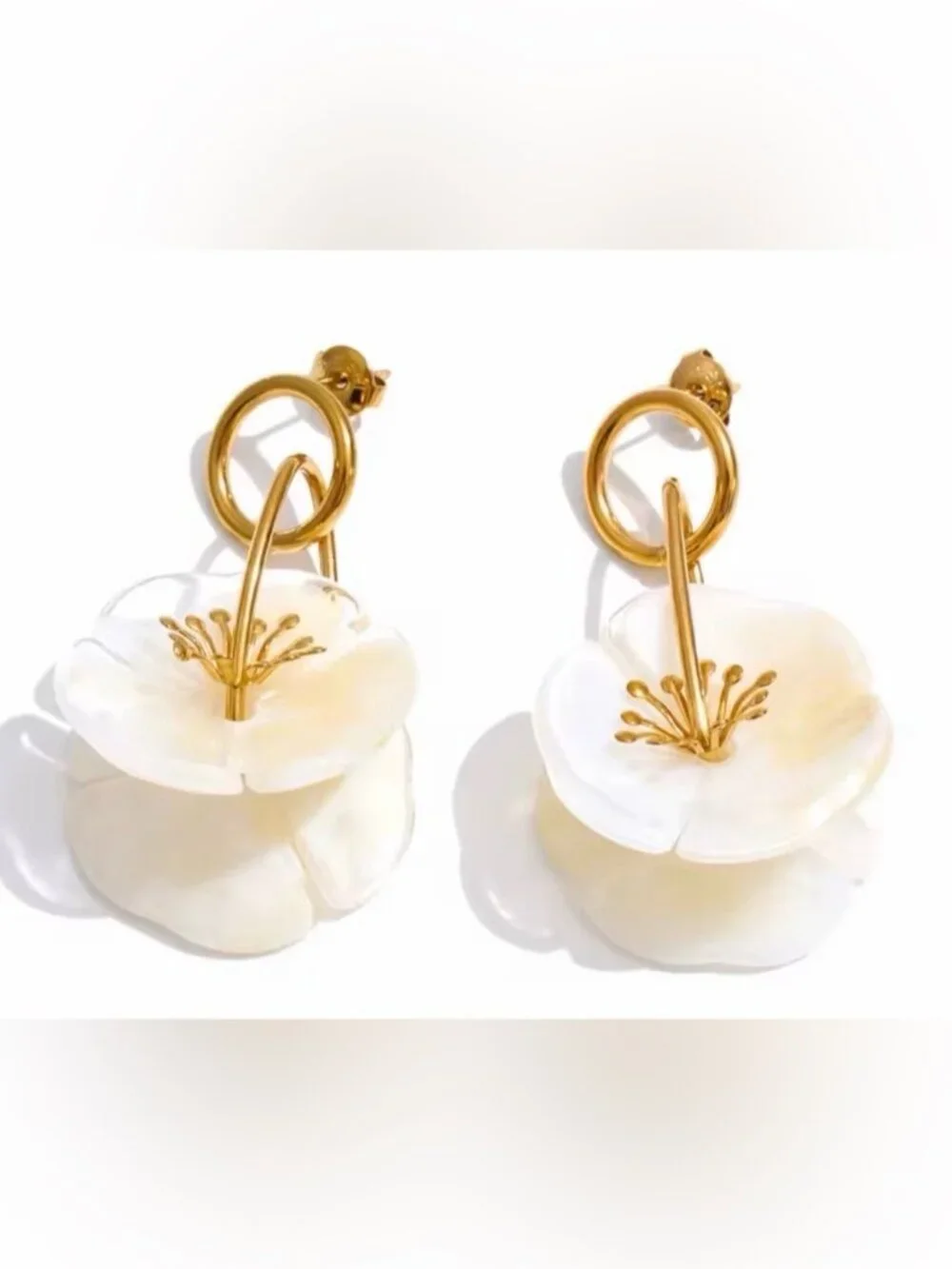 Gold and White Floral Drop Earrings